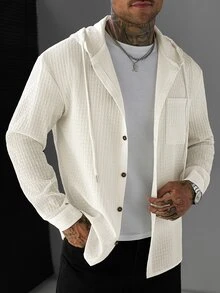 Manfinity CasualCool Men's Hooded Long Sleeve Jacquard Pure Polyester Fabric Shacket - White - View 4