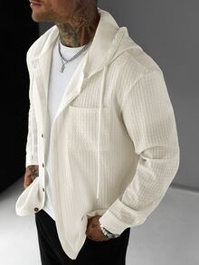 Manfinity CasualCool Men's Hooded Long Sleeve Jacquard Pure Polyester Fabric Shacket - White - View 5
