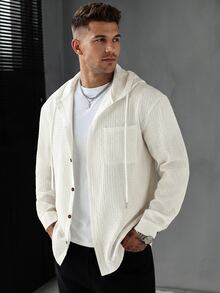 Manfinity CasualCool Men's Hooded Long Sleeve Jacquard Pure Polyester Fabric Shacket - White - View 1