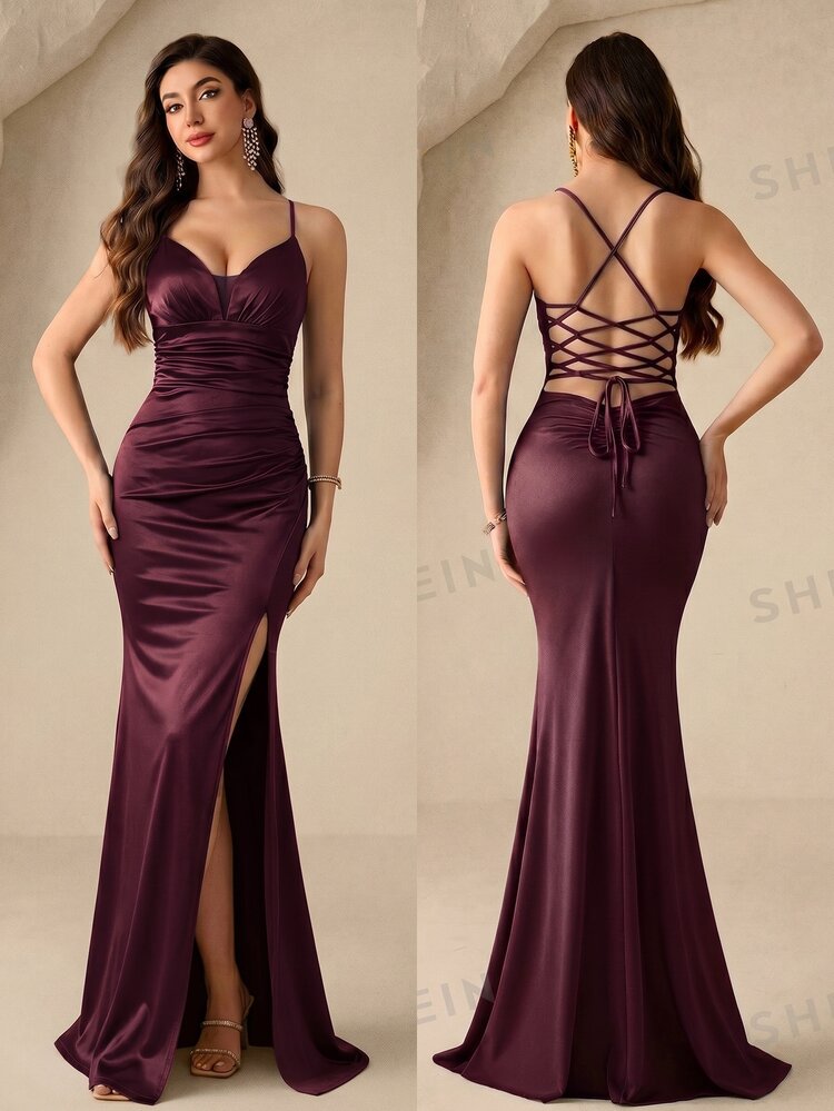 Coutiva Women's Elegant Sexy Pleated Side Slit Mermaid Hem Formal Evening Gown Dress - Burgundy - View 1