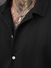 Manfinity Homme 男士纯色提花针织短袖衬衫 - 黑色 - 查看 7