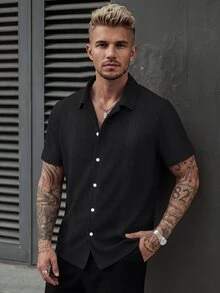 Manfinity Homme 男士纯色提花针织短袖衬衫 - 黑色 - 查看 1