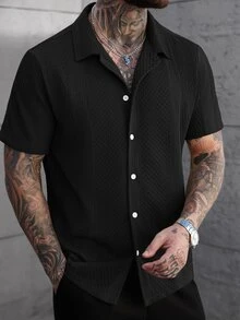 Manfinity Homme 男士纯色提花针织短袖衬衫 - 黑色 - 查看 4