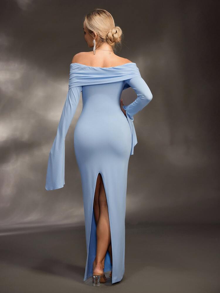 Cheriluna Maternity Maternity Long Sleeve Off Shoulder Dress, Suitable For Baby Shower Photography Party - Baby Blue - View 5