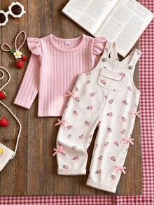 SHEIN Playful Pals 女童燈芯絨寬肩帶無袖水果印花口袋鈕扣長款鬆身連身褲 1歲生日 秋季杏色彩虹粉仙女風 - 杏色 - 查看 4