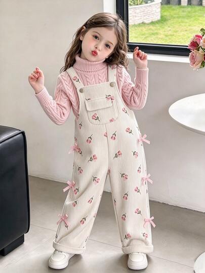 SHEIN Playful Pals Toddler Girls Corduroy Wide Strap Sleeveless Fruit Print Pocket Button Long Overall Loose Fit Romper Birthday Party Back To School Fall Apricot