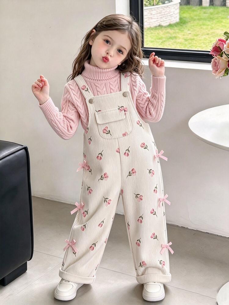SHEIN Playful Pals Young Girl Corduroy Wide Strap Sleeveless Fruit Print Pocket Button Long Overall Loose Fit Romper 1st Birthday Autumn Apricot Rainbow Pink Fairy - Apricot - View 1