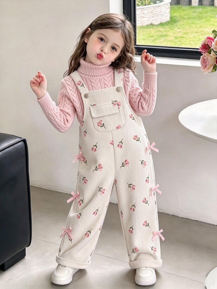 SHEIN Playful Pals 女童燈芯絨寬肩帶無袖水果印花口袋鈕扣長款鬆身連身褲 1歲生日 秋季杏色彩虹粉仙女風 - 杏色 - 查看 1