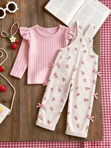 SHEIN Playful Pals 女童燈芯絨寬肩帶無袖水果印花口袋鈕扣長款鬆身連身褲 1歲生日 秋季杏色彩虹粉仙女風 - 杏色 - 查看 2