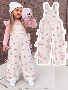 SHEIN Playful Pals 女童燈芯絨寬肩帶無袖水果印花口袋鈕扣長款鬆身連身褲 1歲生日 秋季杏色彩虹粉仙女風 - 杏色 - 查看 3