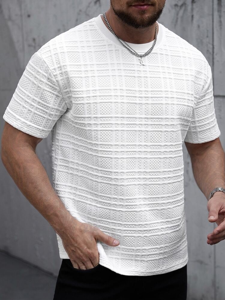 Manfinity CasualCool Men's White Summer Casual Short Sleeve Crew Neck Textured Weave T-Shirt,Fashionable Streetwear For City Break,Old Money Style Versatile Daily Top - White - View 5