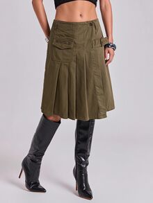 ROMWE Fall/Winter Y2K Vintage Distressed Button-Up Asymmetric Pleated Denim Midi Skirt For Women - Olive Green - View 4