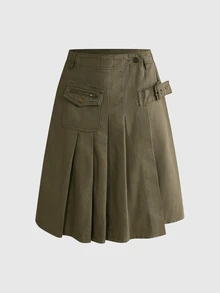ROMWE Fall/Winter Y2K Vintage Distressed Button-Up Asymmetric Pleated Denim Midi Skirt For Women - Olive Green - View 3