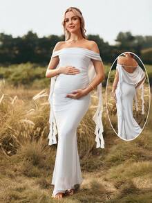 Cheriluna Maternity 纯色露肩露背长款孕妇连衣裙，适合迎婴派对、圣诞派对、优雅聚会等场合。 - 白色 - 查看 2