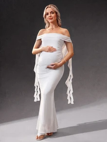Cheriluna Maternity 纯色露肩露背长款孕妇连衣裙，适合迎婴派对、圣诞派对、优雅聚会等场合。 - 白色 - 查看 1