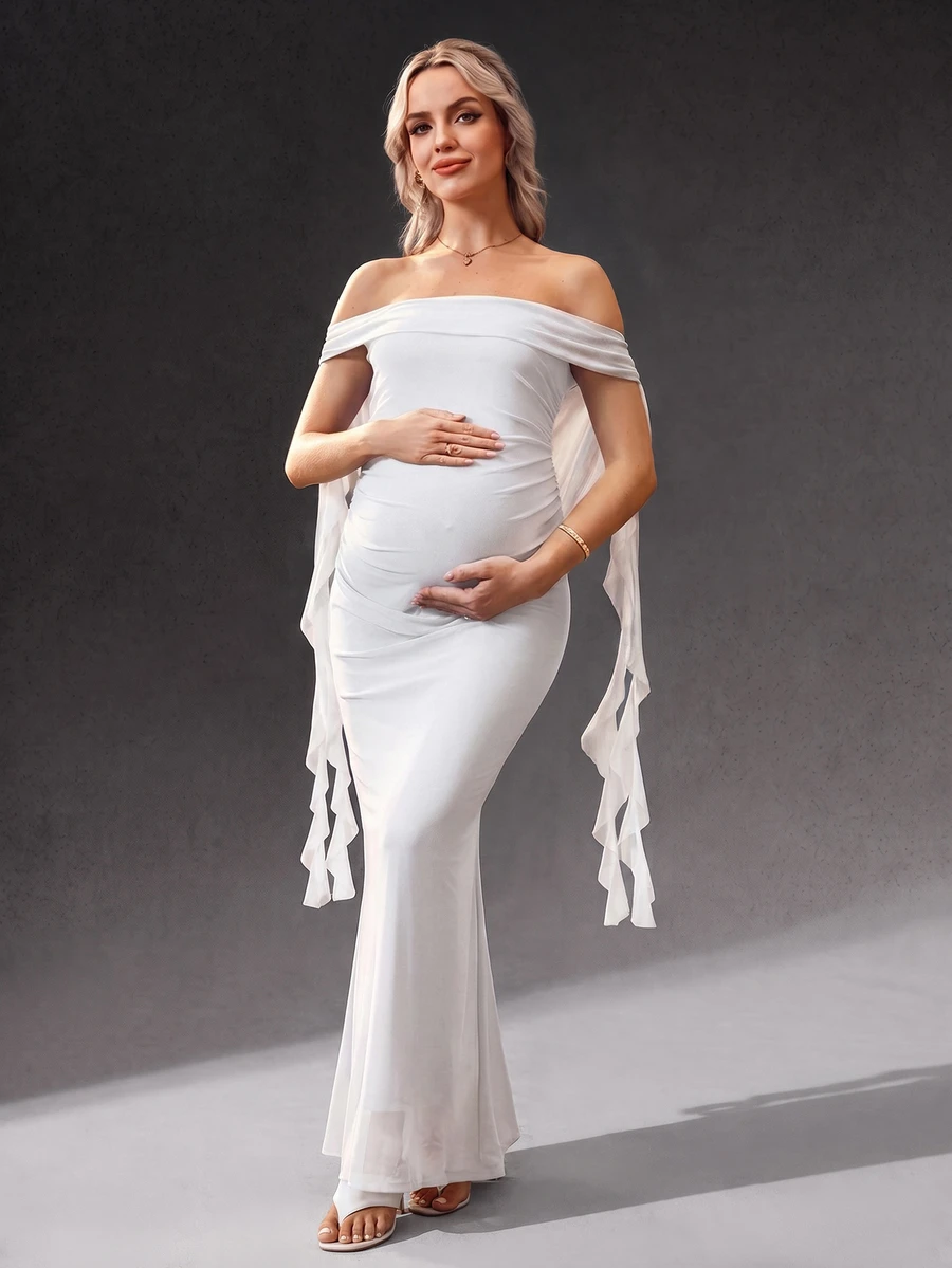 Cheriluna Maternity 纯色露肩露背长款孕妇连衣裙,适合迎婴派对、圣诞派对、优雅聚会等场合。 - 白色 - 查看 1