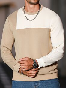 Manfinity CasualCool Men's Contrast Color Crew Neck Long Sleeve Pullover Sweatshirt,Light Beige Autumn Casual Work Style,Old Money Daily Leisure Outdoor Travel Gift - Khaki - View 6