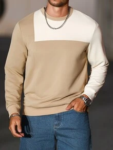 Manfinity CasualCool Men's Contrast Color Crew Neck Long Sleeve Pullover Sweatshirt,Light Beige Autumn Casual Work Style,Old Money Daily Leisure Outdoor Travel Gift - Khaki - View 4