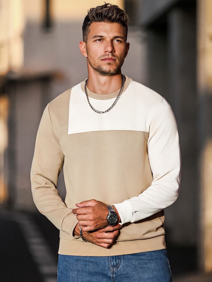 Manfinity CasualCool Men's Contrast Color Crew Neck Long Sleeve Pullover Sweatshirt,Light Beige Autumn Casual Work Style,Old Money Daily Leisure Outdoor Travel Gift - Khaki - View 1