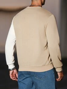 Manfinity CasualCool Men's Contrast Color Crew Neck Long Sleeve Pullover Sweatshirt,Light Beige Autumn Casual Work Style,Old Money Daily Leisure Outdoor Travel Gift - Khaki - View 5