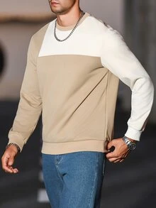 Manfinity CasualCool Men's Contrast Color Crew Neck Long Sleeve Pullover Sweatshirt,Light Beige Autumn Casual Work Style,Old Money Daily Leisure Outdoor Travel Gift - Khaki - View 3