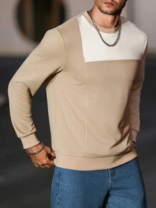 Manfinity CasualCool Men's Contrast Color Crew Neck Long Sleeve Pullover Sweatshirt,Light Beige Autumn Casual Work Style,Old Money Daily Leisure Outdoor Travel Gift - Khaki - View 2