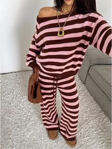 SHEIN EZwear Women Fall/Winter Sets Casual Home Cute Striped Knit 2 Pieces Set - Multicolor - View 10