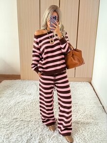 SHEIN EZwear Women Fall/Winter Sets Casual Home Cute Striped Knit 2 Pieces Set - Multicolor - View 6