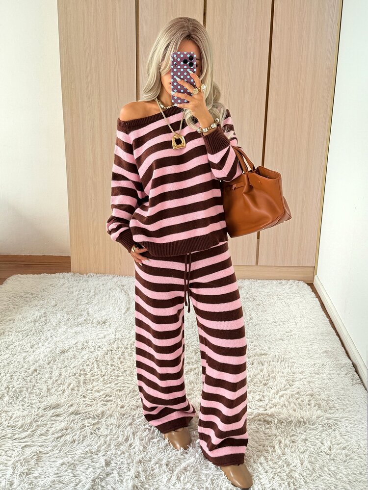 SHEIN EZwear Women Fall/Winter Sets Casual Home Cute Striped Knit 2 Pieces Set - Multicolor - View 5