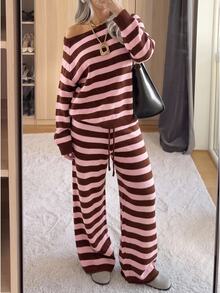 SHEIN EZwear Women Fall/Winter Sets Casual Home Cute Striped Knit 2 Pieces Set - Multicolor - View 9