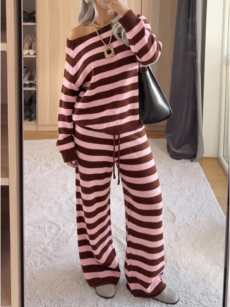SHEIN EZwear Women Fall/Winter Sets Casual Home Cute Striped Knit 2 Pieces Set - Multicolor - View 8