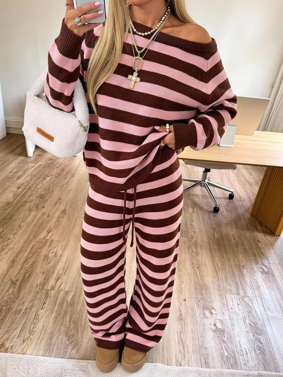 SHEIN EZwear Women Fall/Winter Sets Casual Home Cute Striped Knit 2 Pieces Set