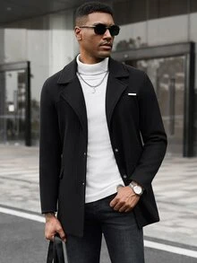 Manfinity CasualCool Men's Black British Style Notch Lapel Slim Fit Single-Breasted Commuter Casual Overcoat - Black - View 1