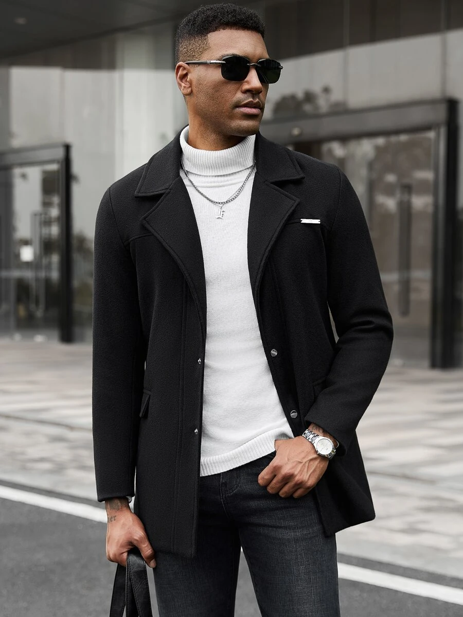 Manfinity CasualCool Men's Black British Style Notch Lapel Slim Fit Single-Breasted Commuter Casual Overcoat - Black - View 1