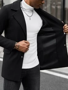 Manfinity CasualCool Men's Black British Style Notch Lapel Slim Fit Single-Breasted Commuter Casual Overcoat - Black - View 8