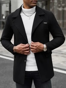 Manfinity CasualCool Men's Black British Style Notch Lapel Slim Fit Single-Breasted Commuter Casual Overcoat - Black - View 6