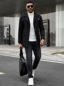 Manfinity CasualCool Men's Black British Style Notch Lapel Slim Fit Single-Breasted Commuter Casual Overcoat - Black - View 3