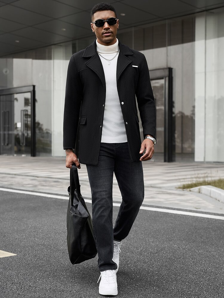 Manfinity CasualCool 男士黑色英倫風缺口領修身單排扣通勤休閒大衣 - 黑色 - 查看 3
