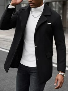 Manfinity CasualCool Men's Black British Style Notch Lapel Slim Fit Single-Breasted Commuter Casual Overcoat - Black - View 5