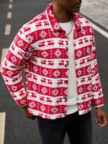 Manfinity CasualCool Men's Christmas Reindeer And Snowflake Pattern Single-Breasted Jacket - Red - View 4