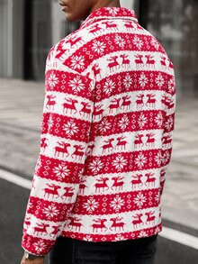 Manfinity CasualCool Men's Christmas Reindeer And Snowflake Pattern Single-Breasted Jacket - Red - View 2