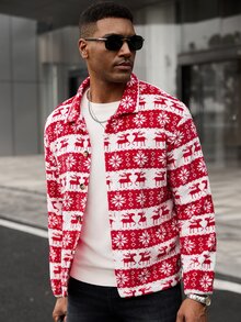 Manfinity CasualCool Men's Christmas Reindeer And Snowflake Pattern Single-Breasted Jacket - Red - View 3