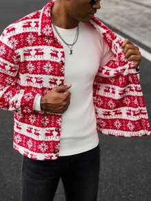 Manfinity CasualCool Men's Christmas Reindeer And Snowflake Pattern Single-Breasted Jacket - Red - View 7