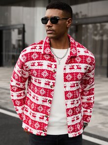 Manfinity CasualCool Men's Christmas Reindeer And Snowflake Pattern Single-Breasted Jacket - Red - View 6