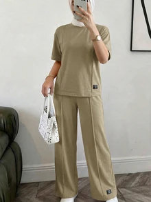 Solavon 2件組女款純色圓領長袖上衣與長褲套裝，休閒日常穿著，居家休閒套裝，適合返校季 - 軍綠色 - 查看 8