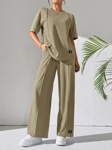 Solavon 2件組女款純色圓領長袖上衣與長褲套裝，休閒日常穿著，居家休閒套裝，適合返校季 - 軍綠色 - 查看 6