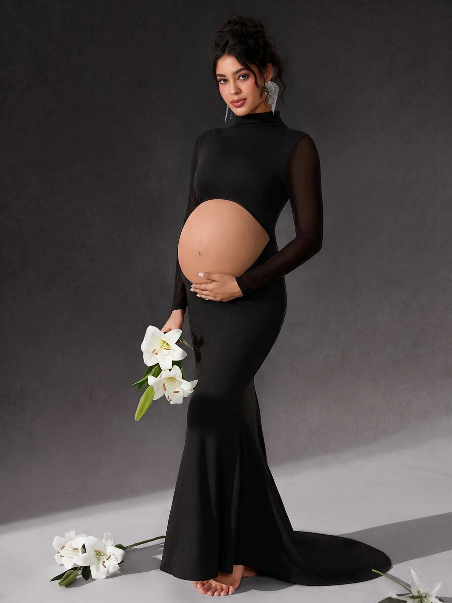 Cheriluna Maternity Maternity Photography Dress, Long Sleeve Stand Collar, Waist Cut-Out, Backless, Fish Tail Hem, Floor Length - Black - View 1