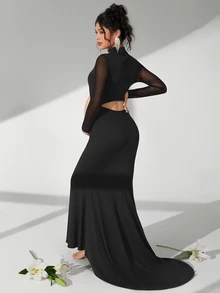 Cheriluna Maternity Maternity Photography Dress, Long Sleeve Stand Collar, Waist Cut-Out, Backless, Fish Tail Hem, Floor Length - Black - View 3