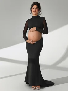 Cheriluna Maternity Maternity Photography Dress, Long Sleeve Stand Collar, Waist Cut-Out, Backless, Fish Tail Hem, Floor Length - Black - View 4