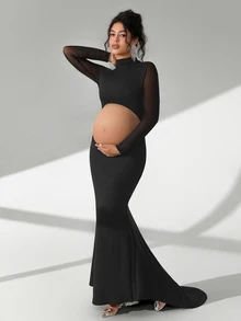 Cheriluna Maternity Maternity Photography Dress, Long Sleeve Stand Collar, Waist Cut-Out, Backless, Fish Tail Hem, Floor Length - Black - View 6